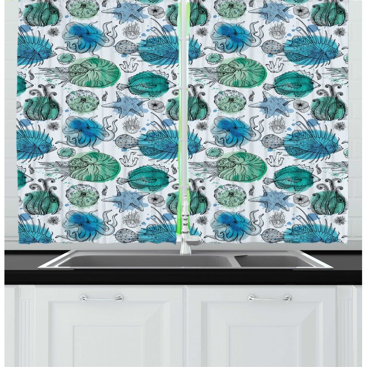 East Urban Home 55'' Kitchen Curtain in Green/Blue/Black | Wayfair